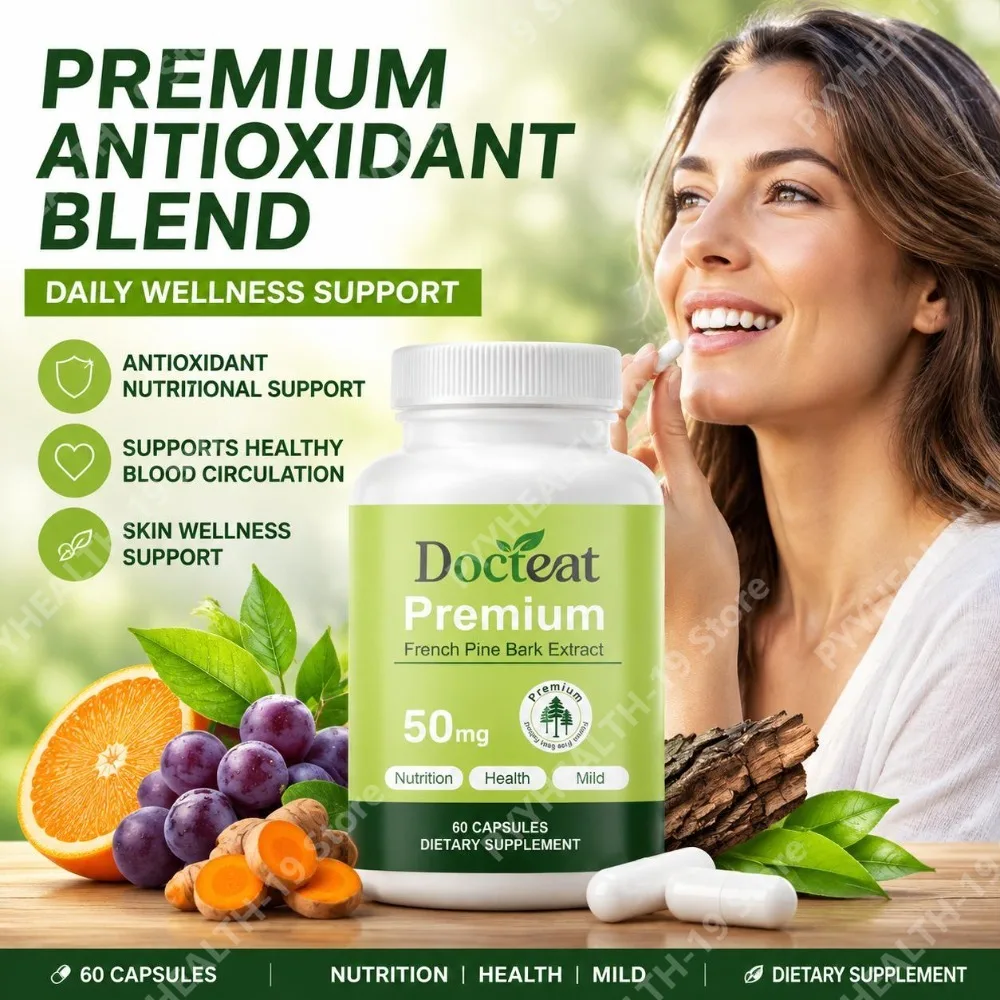 Docteat French Pine Bark Extract Capsules with Grape Seed & Green Tea for Circulation & Skin Wellness Support Adults 60 Capsules