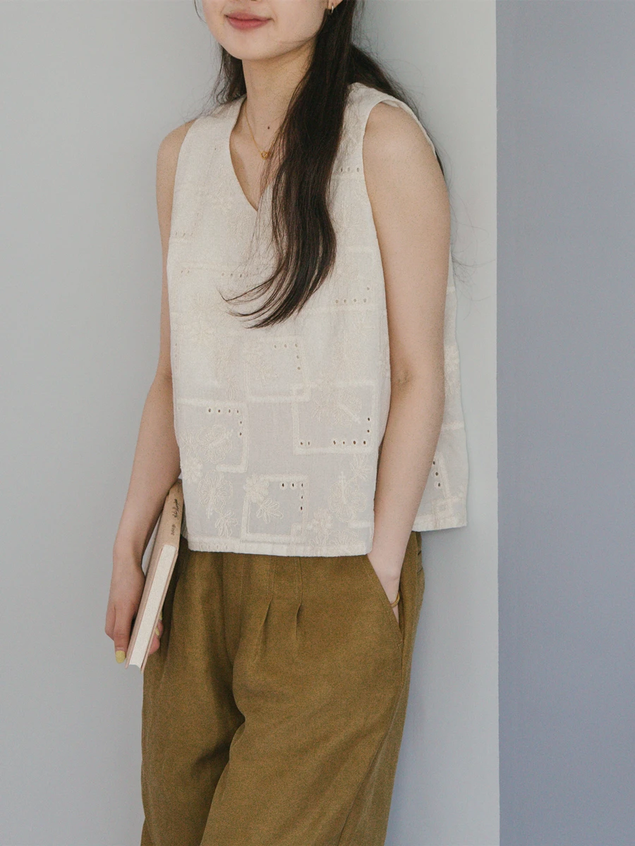 

Оригинальный дизайн Yuanji: вышитая хлопковая рубашка без рукавов с 3D-вышивкой, дышащий летний топ из чистого хлопка