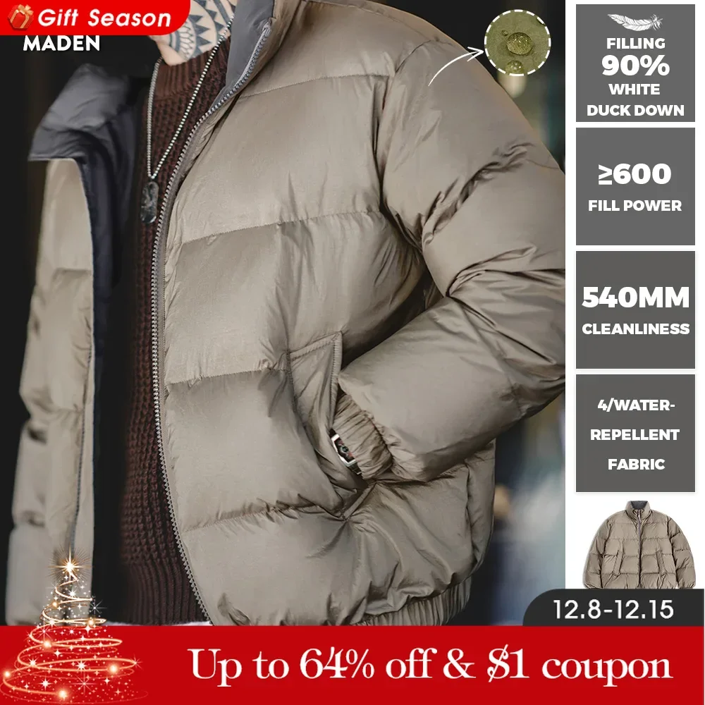 Maden Winter Reversible Down Jacket for Men White Duck Down Filling Versatile Stand-up Collar Warm Coat Mens Solid Color Jacket