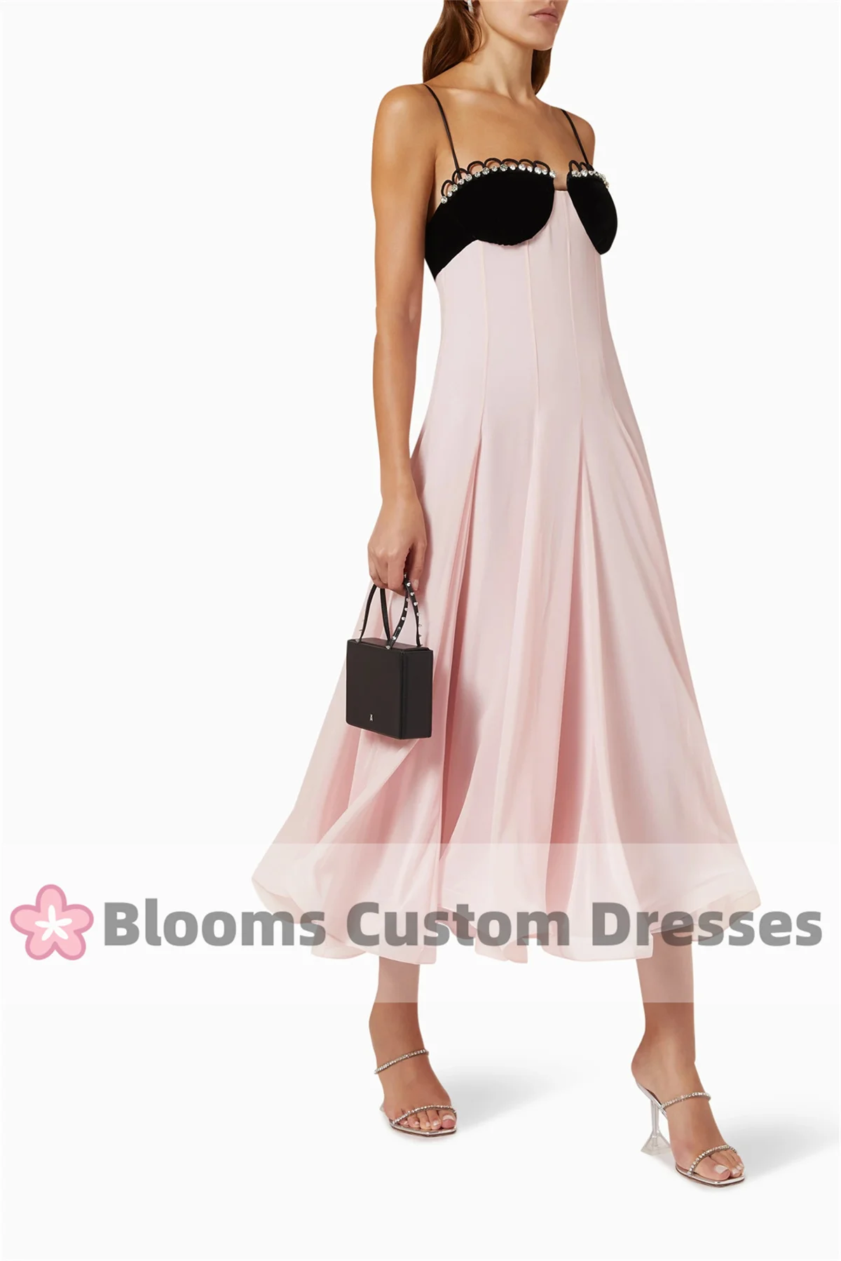 Blooms Spaghetti Straps Rhinestone Backless Customized Prom Dress Velvet and Chiffon Evening Dress Sleeveless Sexy Party Gown