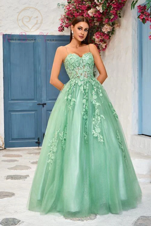 

Tulle Lace Appliques Prom Dresses Sleeveless Sweetheart Neck Corset Back Evening Gowns Long Formal Party Dresses Custom Made
