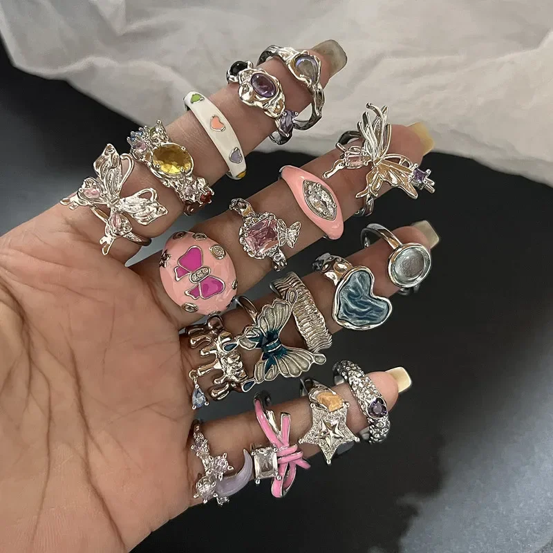 Корейские красочные капли масла со стразами, модные геометрические кольца для женщин, сердце, звезда, девушки, Y2k, ювелирные изделия, подарки