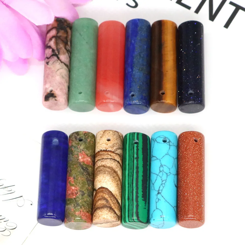 35x10MM Drilled Hole Cylinder Wand Natural Stones Crystals Healing Mineral Energy Gemstone For DIY Necklace Pendant Jewelry Gift