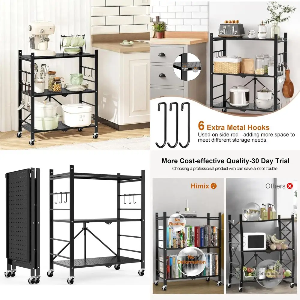 

3-Tier Rolling Metal Shelf with 6 Hooks, Foldable Utility Storage Rack for Kitchen and Pantry, Black - Ready to Use