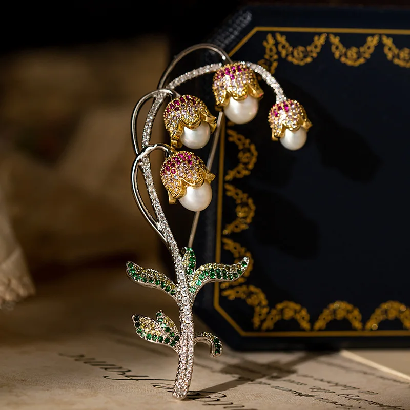 Chinese Style Lucky Two Tone Gold Lily Of The Valley Brooch Inlaid Shiny Cz Red Turquoise Natural Freshwater Pearl Women Auspici