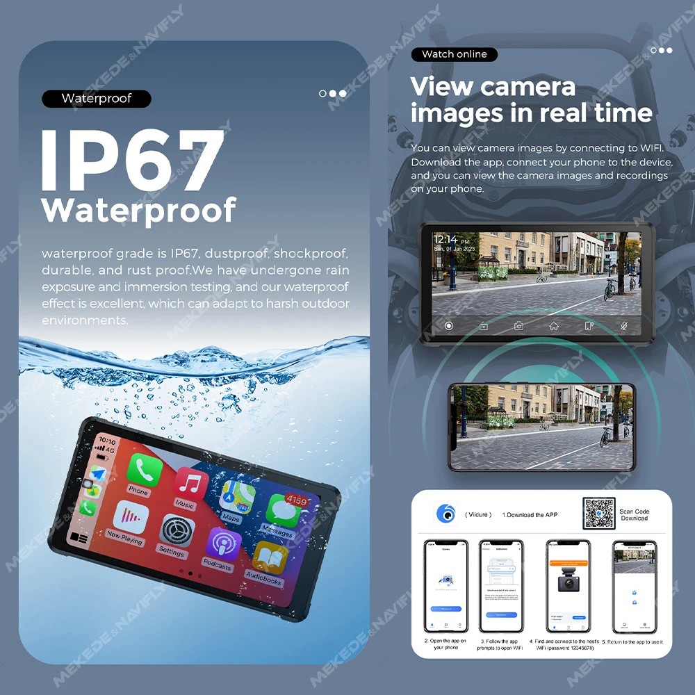 شاشة LCD محمولة للدراجة النارية ، ملاحة مضادة للماء ، مشغل سيارة لاسلكي ، دراجة نارية آلية أندرويد ، شاشة كاميرا لوحة القيادة ، BT ، نظام تحديد المواقع والملاحة ، IPX7 ،