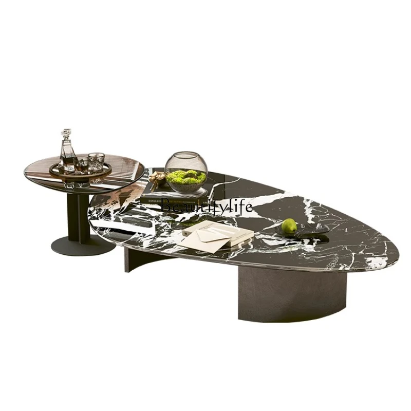 

Premium sense pure natural luxury stone coffee table Italian light luxury special-shaped water drop coffee table combination