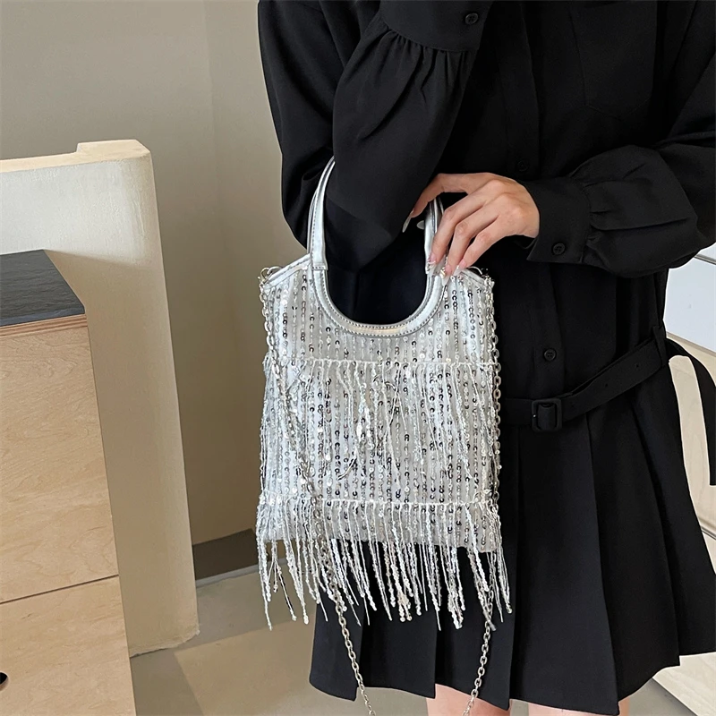 Super Cool Tassel Chains Square Shoulder and Crossbody Bags Hasp Sequined Exquisite Shine Party Handbags for Women 2024 Hot Sale