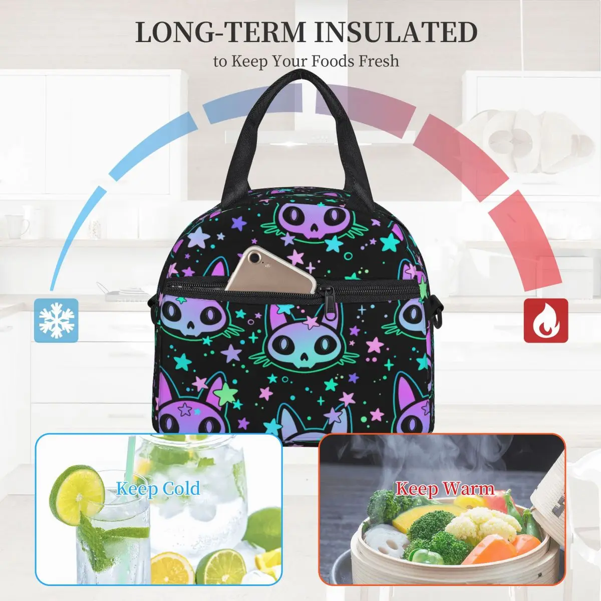 Cute Cat Stylized Skulls Large Thermal Insulated Lunch Bags Funny Portable Food Bag Container Cooler Thermal Lunch Boxes