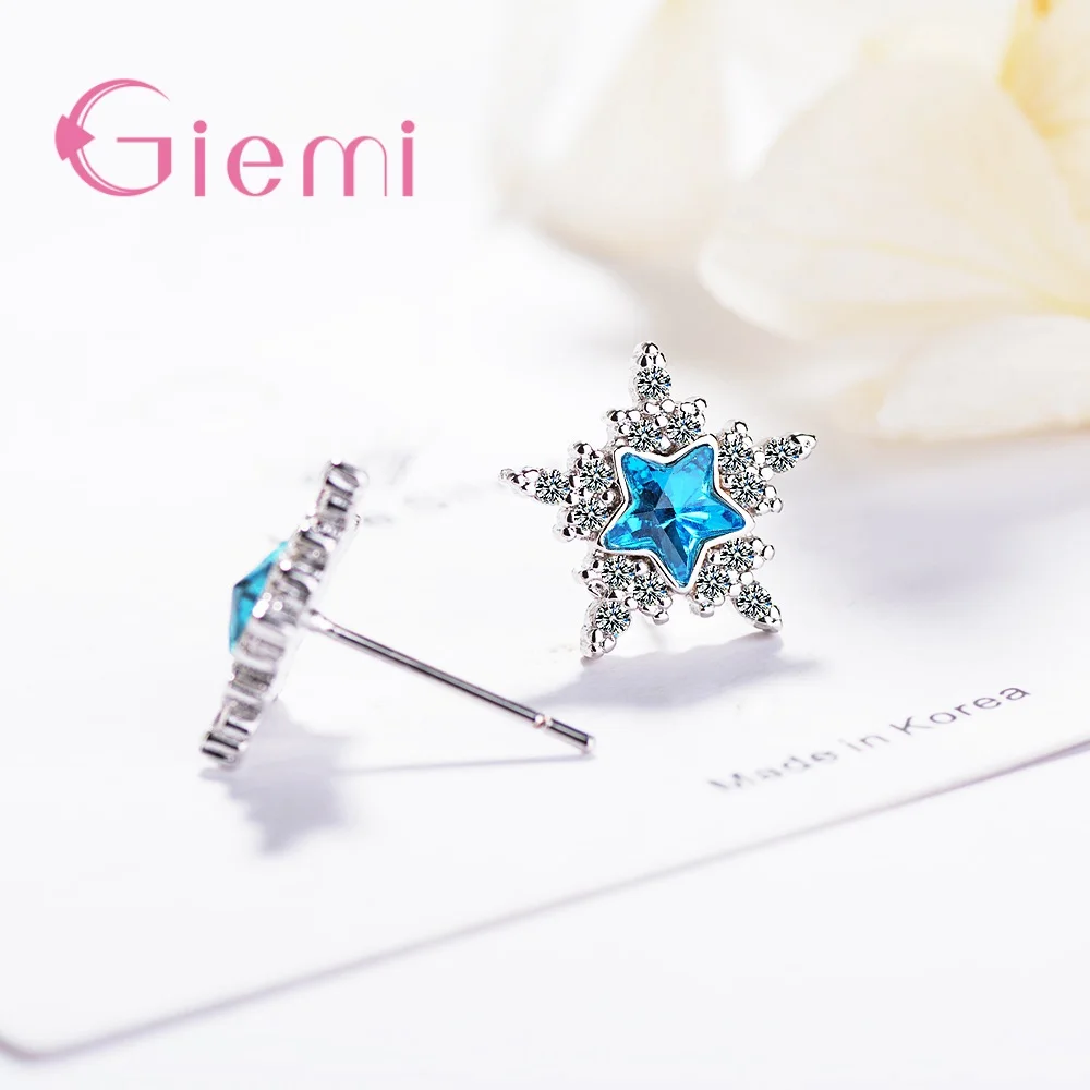 رائعة 925 فضة شكل نجمة الأزرق كريستال مكعب الزركون وأقراط للنساء حفل زفاف هدايا مجوهرات الأزياء