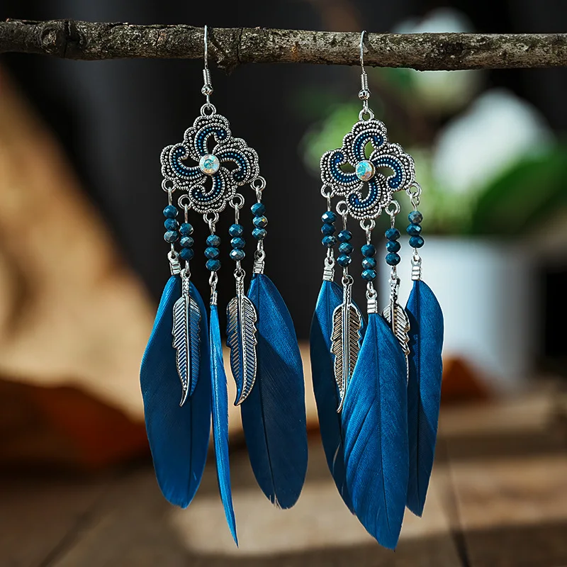 Boho Blume Kristall Perlen baumeln Ohrring Damenmode indischen Schmuck ethnische Legierung Feder Quaste lange Ohrringe Brincos Bijoux