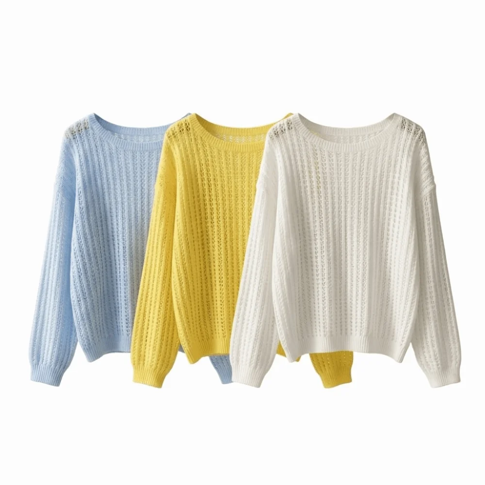 Fashion Thin Hollow Out Mesh Sweater Pullovers Long Sleeve Lightweight Crochet Knit Sweater O Neck Soft Knitwear Sweater Spring