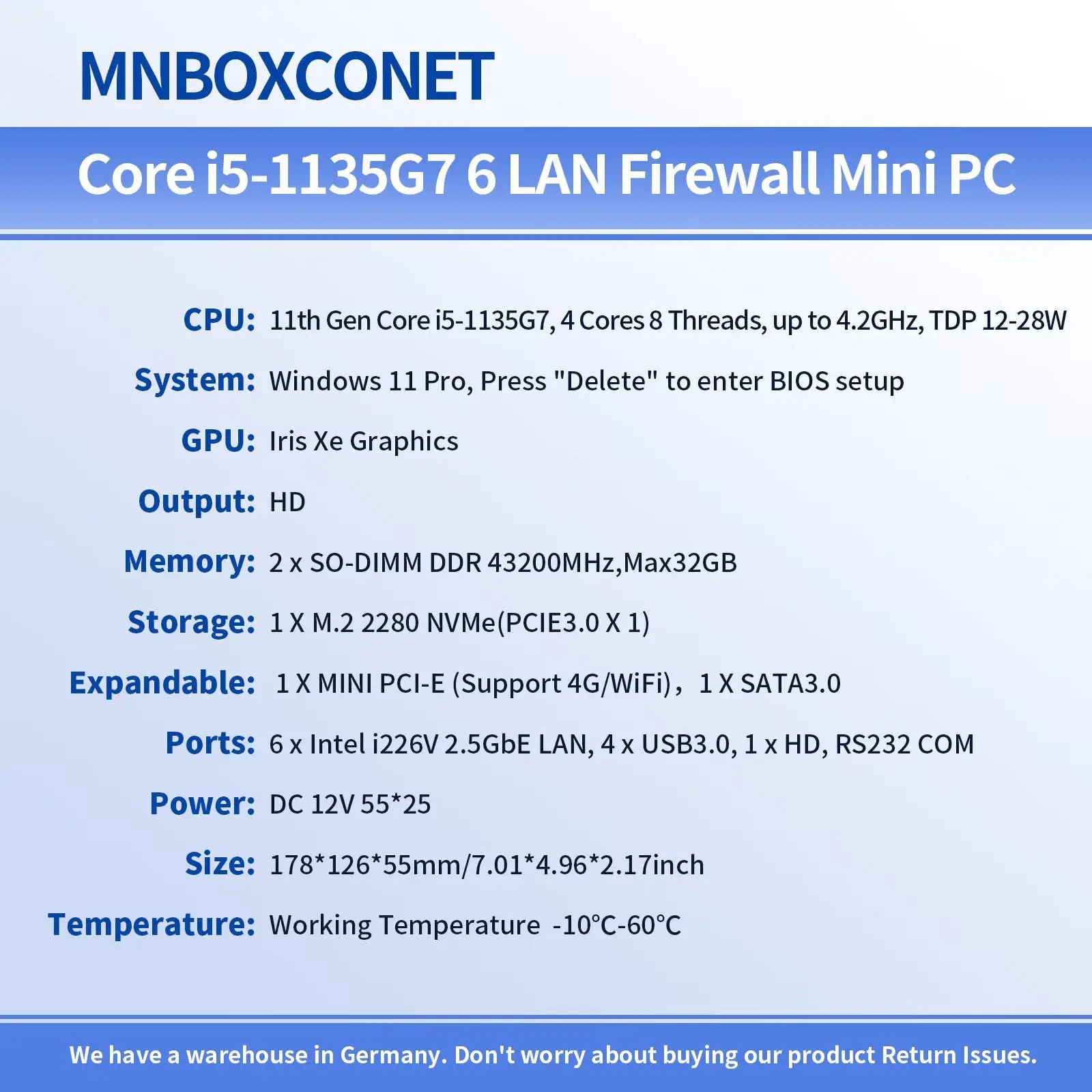 MNBOXCONET Mini PC Core i5-1135G7 Quad Core Firewall Fanless, Micro Apparecchio Industriale Hardware Computer 6 x 2.5GbE I226-V LAN