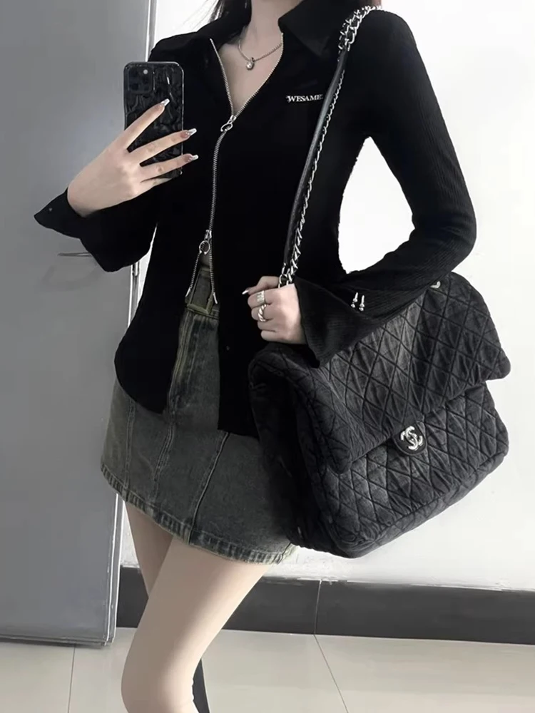

Retro American Design Double Zipper Knitted Open Cardigan Women's Early Autumn Slimming Bla Sexy Base irt Long Sve