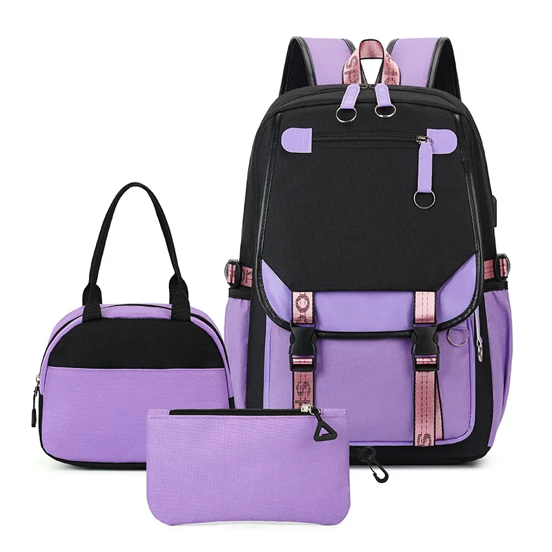 3pcs/set Light Water Resistant Color Block Nylon Backpack  Casual College Style Bag For School Travel Laptop Storage