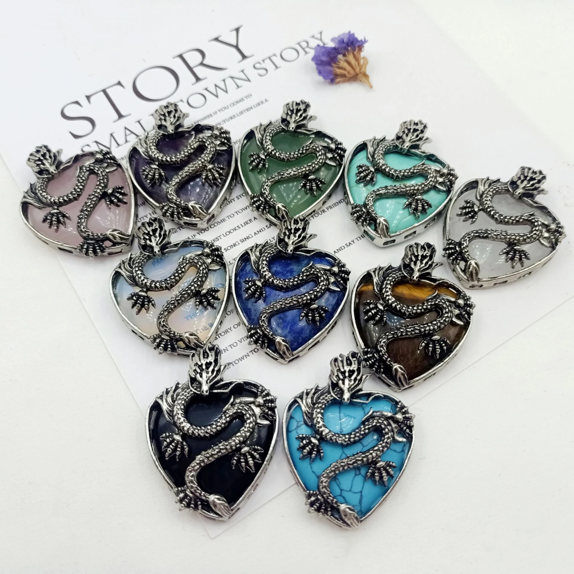 Dragon Necklace natural stone Heart Pendant Jewelry Gifts for Women Men Dragon Pendant Love Shaped Locket Pendant Necklace 1pc