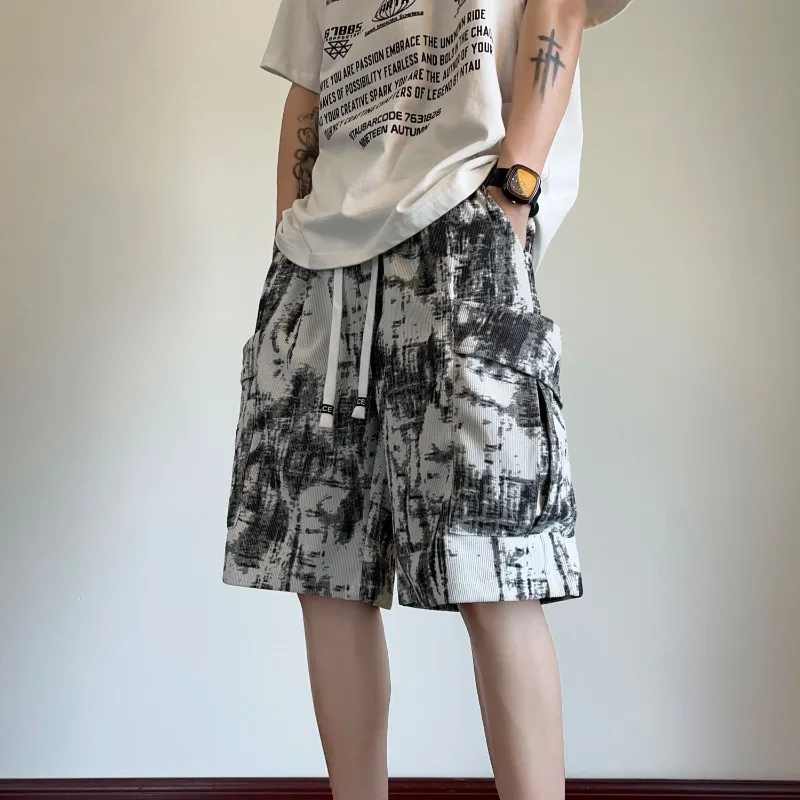 Men's Tie-dye Shorts Cargo Casual Distressed Trendy Knee length Pants Drawstring with Pocket Loose Outerwear Streetwear Shorts