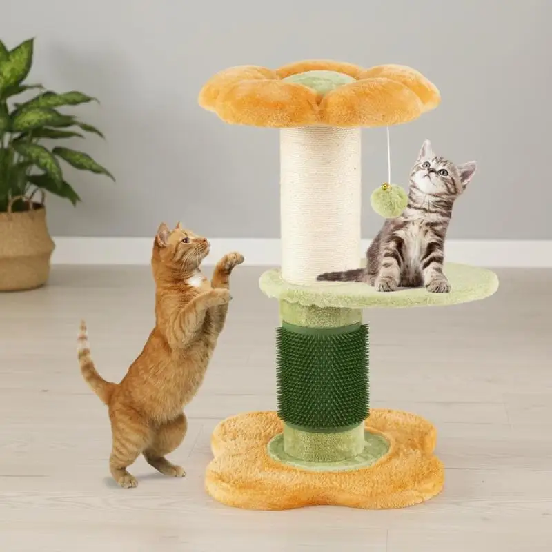 Blumen-Kratzbaum mit gepolstertem Plüsch-Sitz und Sisal-Kratzstamm sowie Selbstpflege-Element – Gelb
