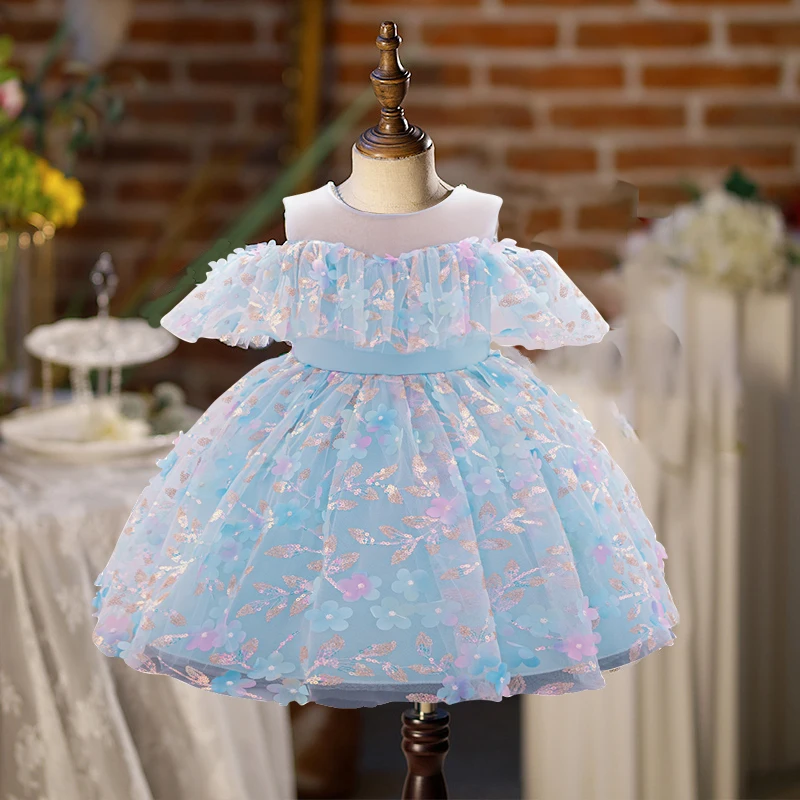 Sequin Flower Shining Princess Gown For Baby Toddler Girls Birthday Carnival Party Dress Girl Fancy Blue Tulle Christmas Costume