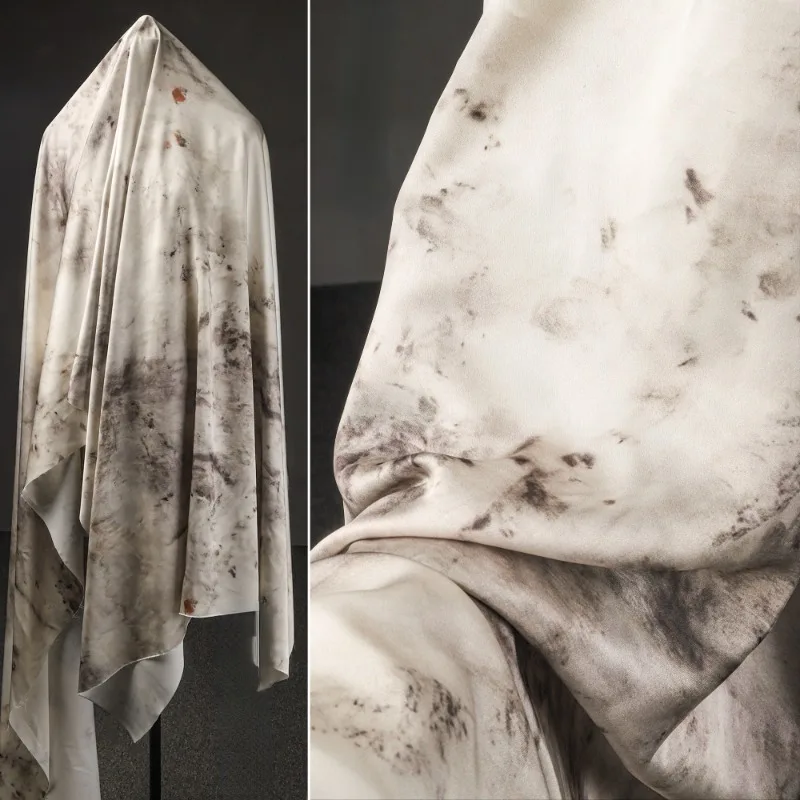 Brown Tie Dyed Satin Acetate Cotton Fabric Creative Chinese Style Silk Smooth Dress Qipao Gift Clothing Designer Fabric