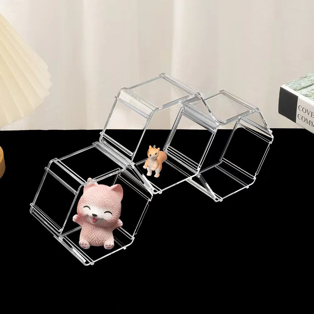 Hexagon Splicing Hand-held Office Display Stand for Pop Mart Doll, Collectibles Storage Box Desktop Clear Action Figure Display