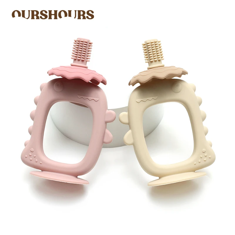 2-in-1 Dinosaur Silicone Teether for Babies Tooth Brush Newborn Items Cartoon Infant Chewable Teething Toys BPA Free Baby Stuff