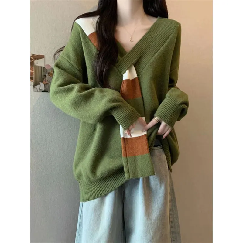 Patchwork V yaka uzun kollu gevşek kazak zarif moda Harajukuslim fit triko gündelik ter tüm maç Dip gömlek