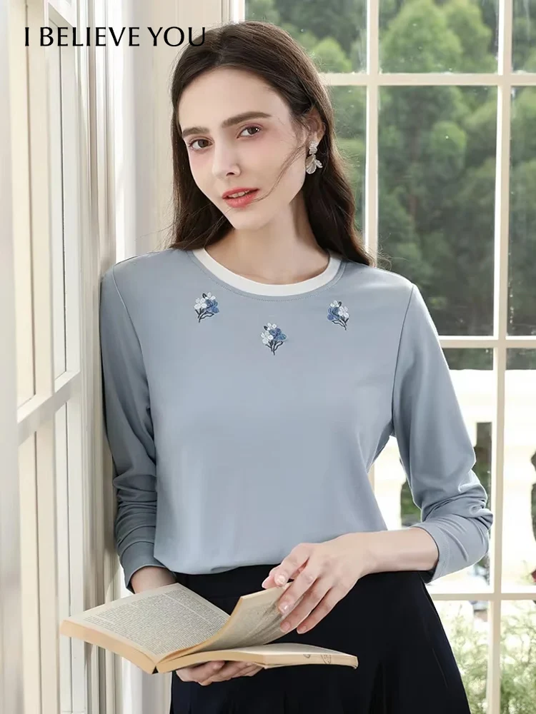 I BELIEVE YOU Long Sleeve T-shirts For Women 2024 Autumn New Blue Embroidery Slim Casul Retro Female Chic Base Tops 2243015816