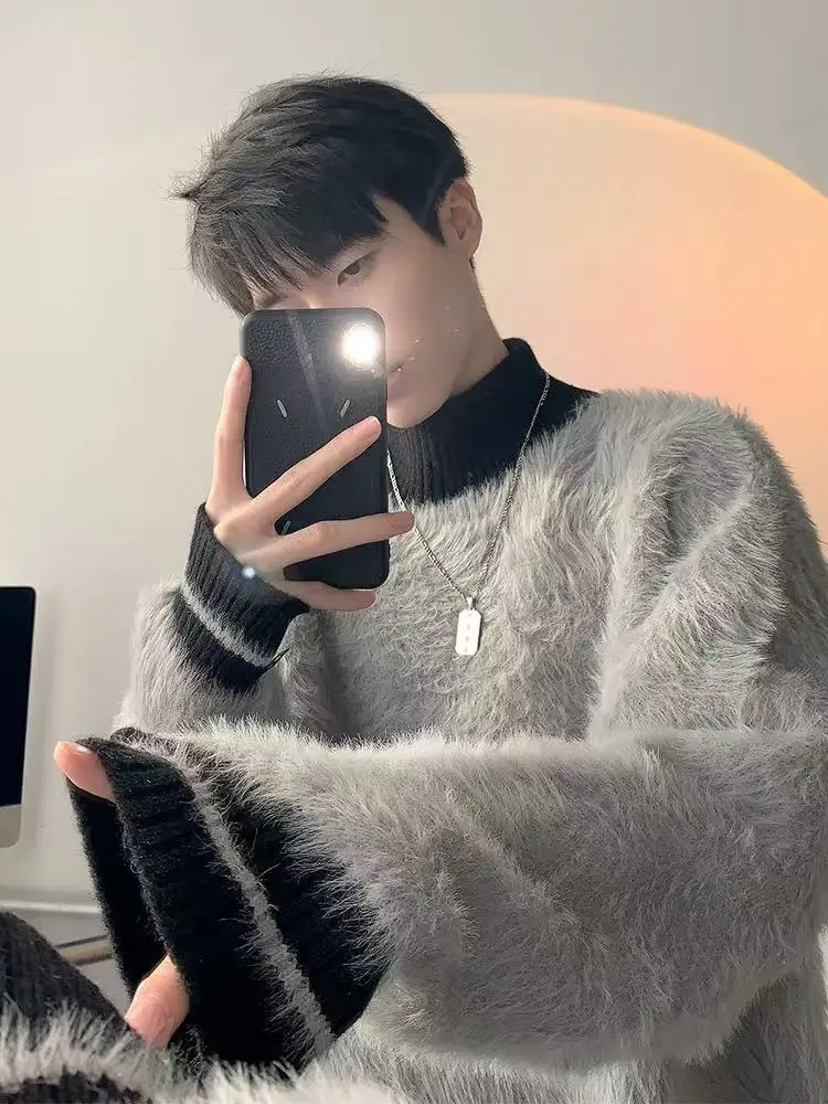 

Мужской вязаный свитер с высоким воротником, повседневный, свободный крой, для осени и зимы...