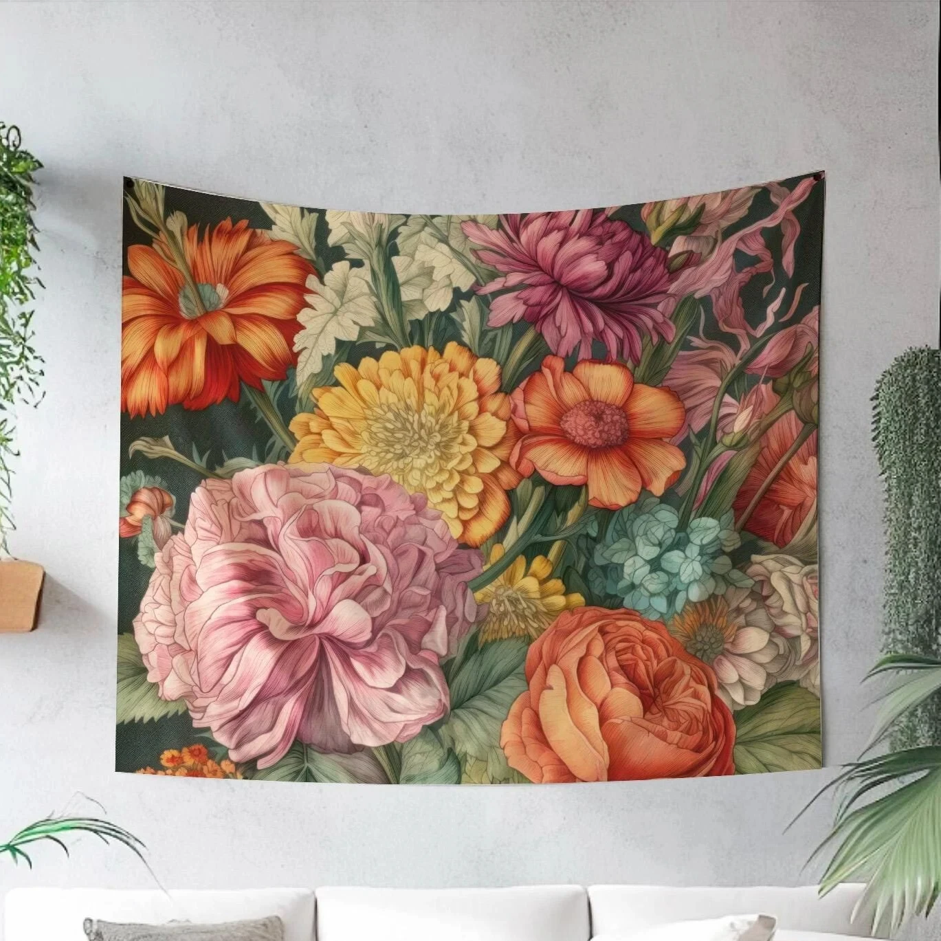 Botanical Vintage Flower Bouquet Tapestry, Original Art Floral Wall Hanging for Indoor Home Bedroom Living Room Decor