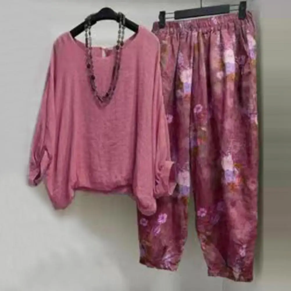 Autumn Blouse Pants Set Casual Long Sleeves Crew Neck Loose Flower Print Plus Size Elastic Waist Lady Tops Trousers Suit