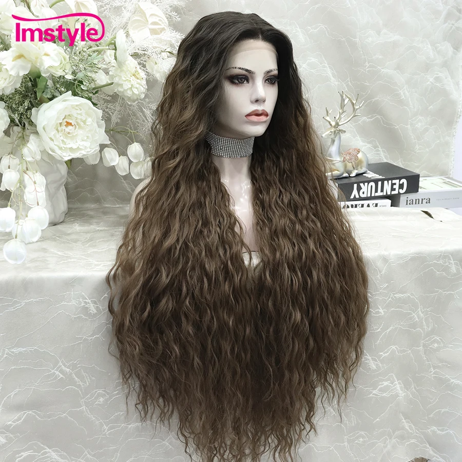 Imstyle-Peluca de encaje sintético para mujer, cabellera larga de onda profunda, color marrón degradado, parte media, resistente al calor, para