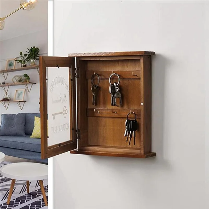 PORK-木製キーボックス、レトロ、壁、磁気ドア付きキーキャビネット、6つのフック付き耐久性のある無垢材の収納耐久性-A