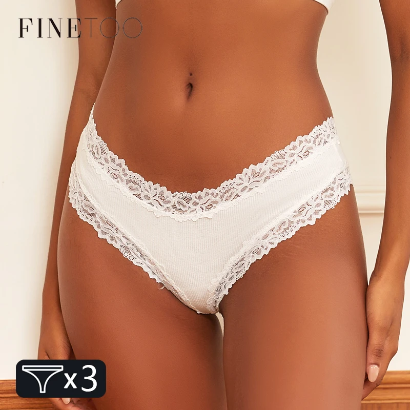 FINETOO 3PCS Women Cotton Brazil Panties Sexy Low Waist Lace Briefs Solid Color Stretch Underpants Comfortable Lingerie Panties