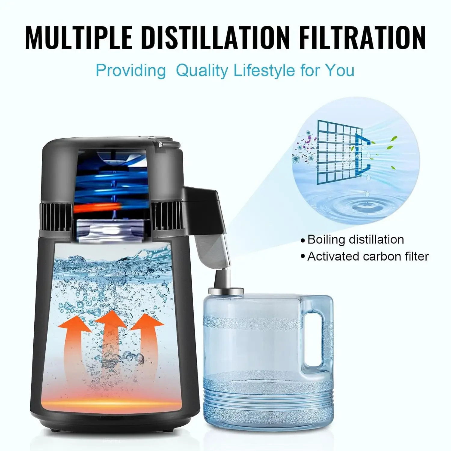 Water Distiller, 4L 1.05 Gallon Pure Water Purifier Filter for Home Countertop, 750W Distilled Water Maker, Stainless Steel