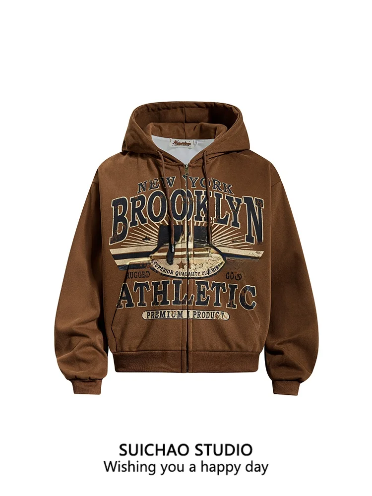 

Мужская толстовка Suichao в американском ретро-стиле с буквенным принтом, на молнии, свободного кроя, весенняя, повседневная, модная верхняя одежда