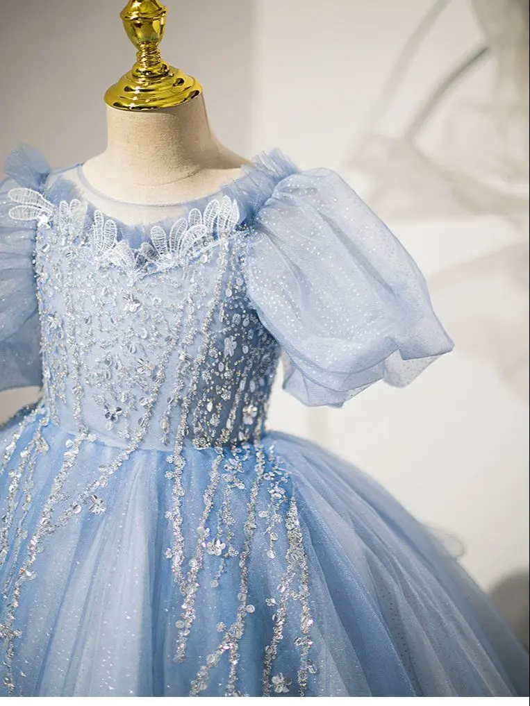 Perlen Bluetulle Prinzessin Brautkleid für Kinder elegante Geburtstag Karneval Festzug Performance-Kleid für 2-12 Jahre alte Mädchen