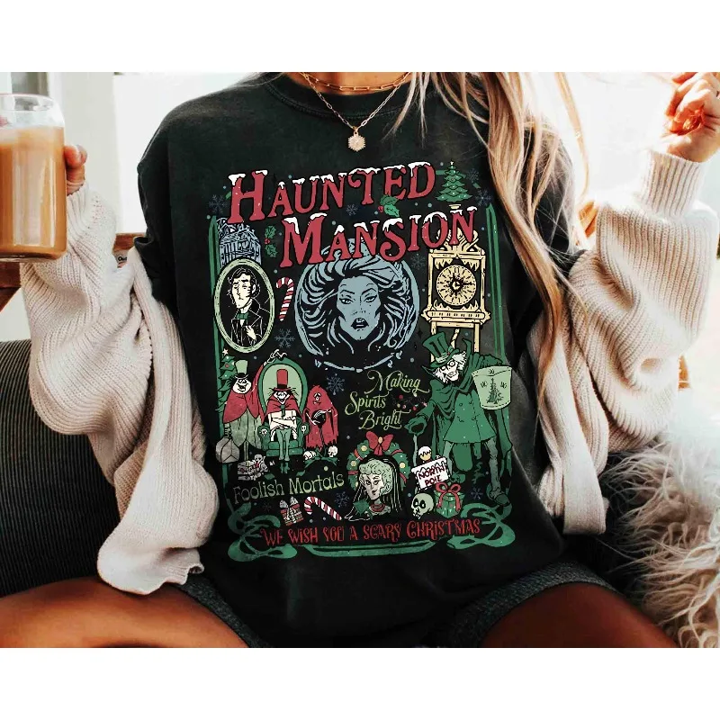 

Рождественская рубашка Disney Haunted House, рождественская футболка с призраком для автостопа, всесезонная нейтральная повседневная модная футболка из чистого хлопка