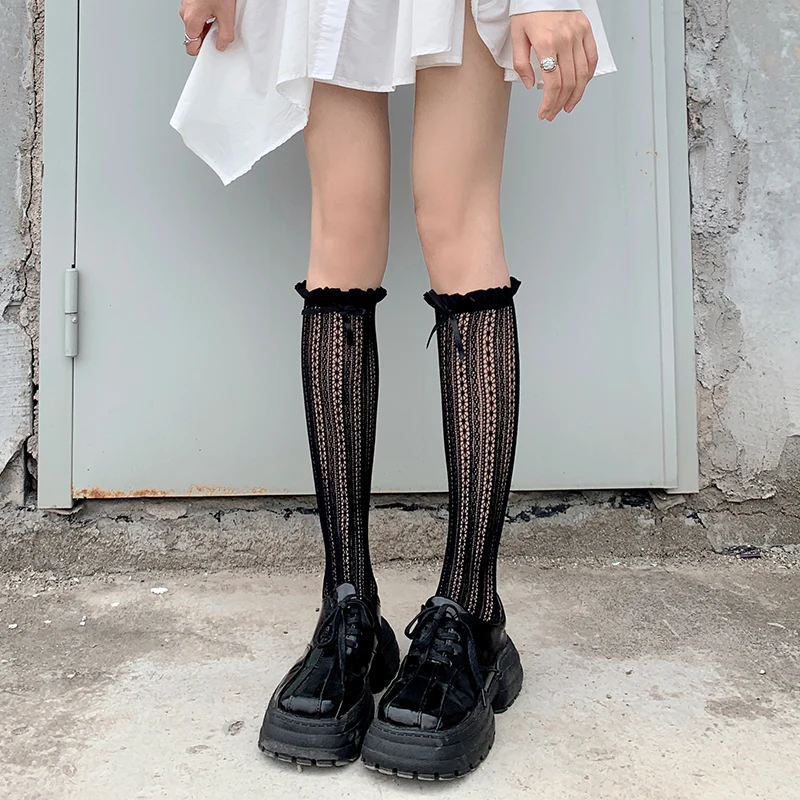 Tube Socks Women's Cotton Hollow Flower Pattern Lace Fashion Sexy All-Match SolidColor Calf Socks Retro Japanese Leg Shaping 1Pc