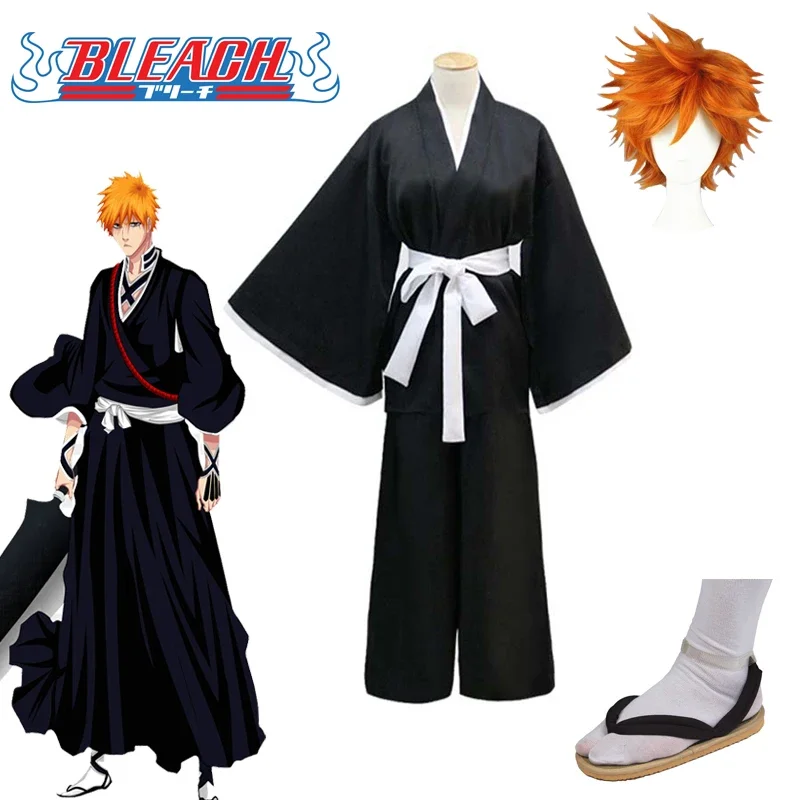 Anime Bleach Costume Kurosaki ichigo Cosplay For Men Japanese Black Kimono Adult Halloween Carnival Full Suit Wig Shoes Belt Set