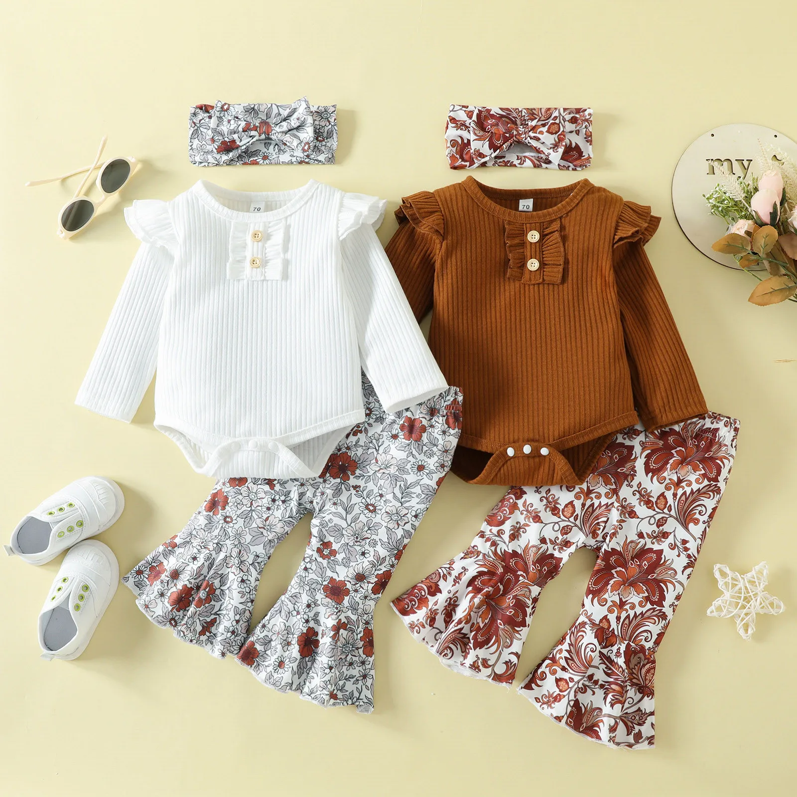 

Toddler Girl Clothes Long Sleeve Vintage Print Ribbed Tops Flower Pants Headbands Newborn Outfits 3pcs Outfits Clothes Set