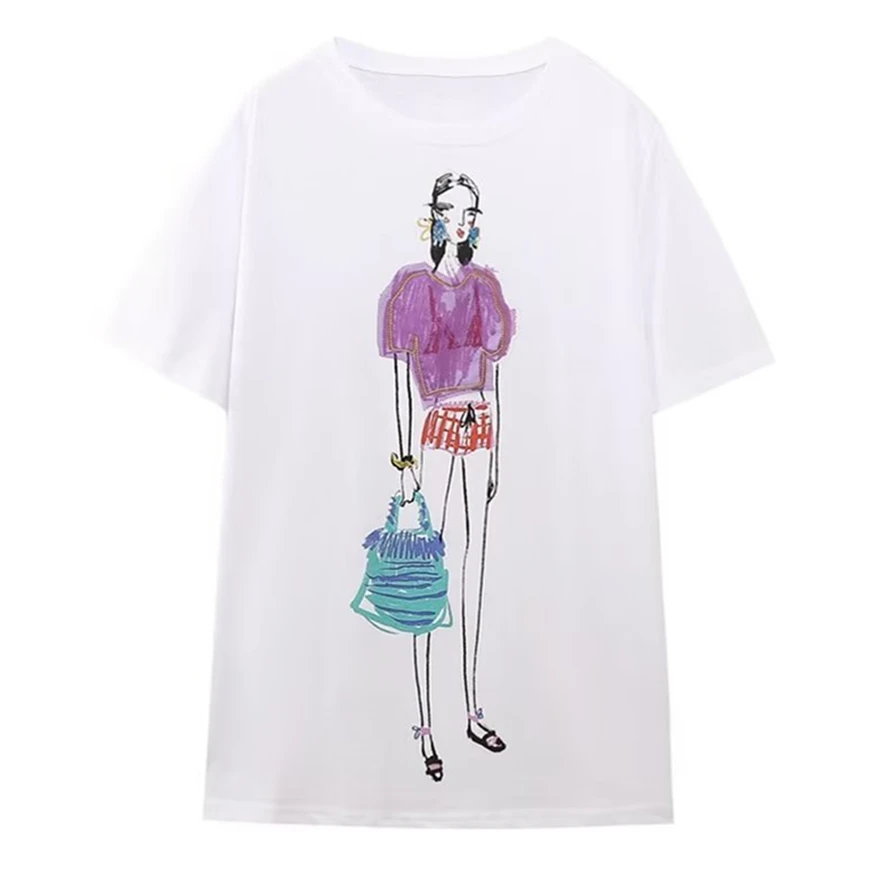 

Withered Fashion Girls Printing White Color Round Neck England Style Summer Tshirts Women Tops