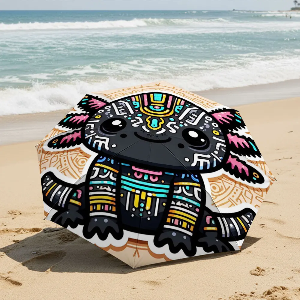 Mystical Aztec Axolotl Pattern Umbrella Design Compact Fashion Folding Umbrella for Daily Use, Christmas Gift