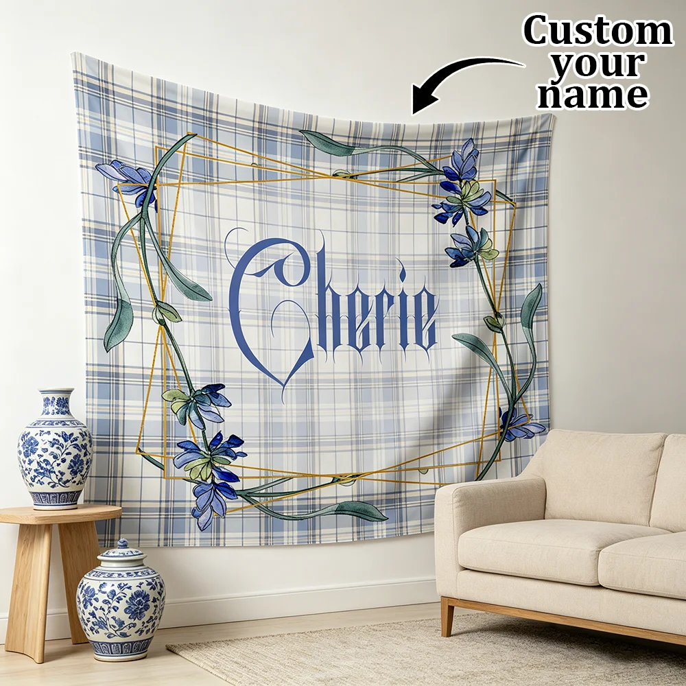 1PC Custom Name Tapestry, Blue Plaid Floral Geometric Frame Print, Personalized Wall Hanging for Bedroom Living Room Home Decor