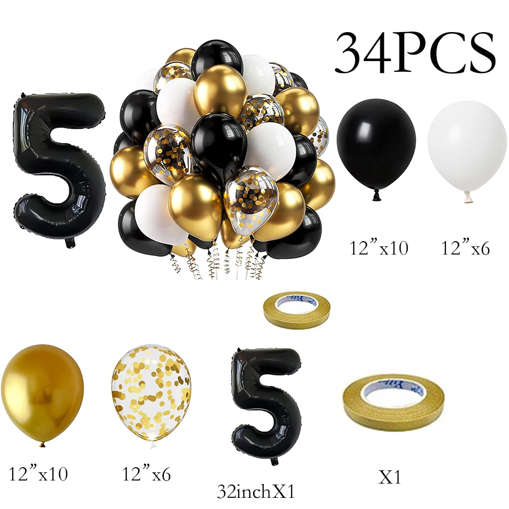 34pcs Black Foil Number 5 Balloons Set Black Gold Confetti Latex Balloon Arch Birthday Party Gender Reveal New Year Decoration