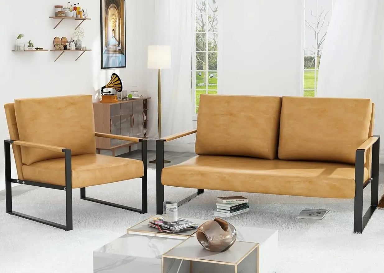 

Mid-Century Retro Modern Living Room Sofa Set with Loveseat & Accent Chair for Small Space, Faux Leather,Slant Back, Camel