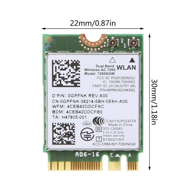 7260NGW Thẻ WiFi Đầu nối bộ điều hợp Wlan băng tần kép 150Mbps cho