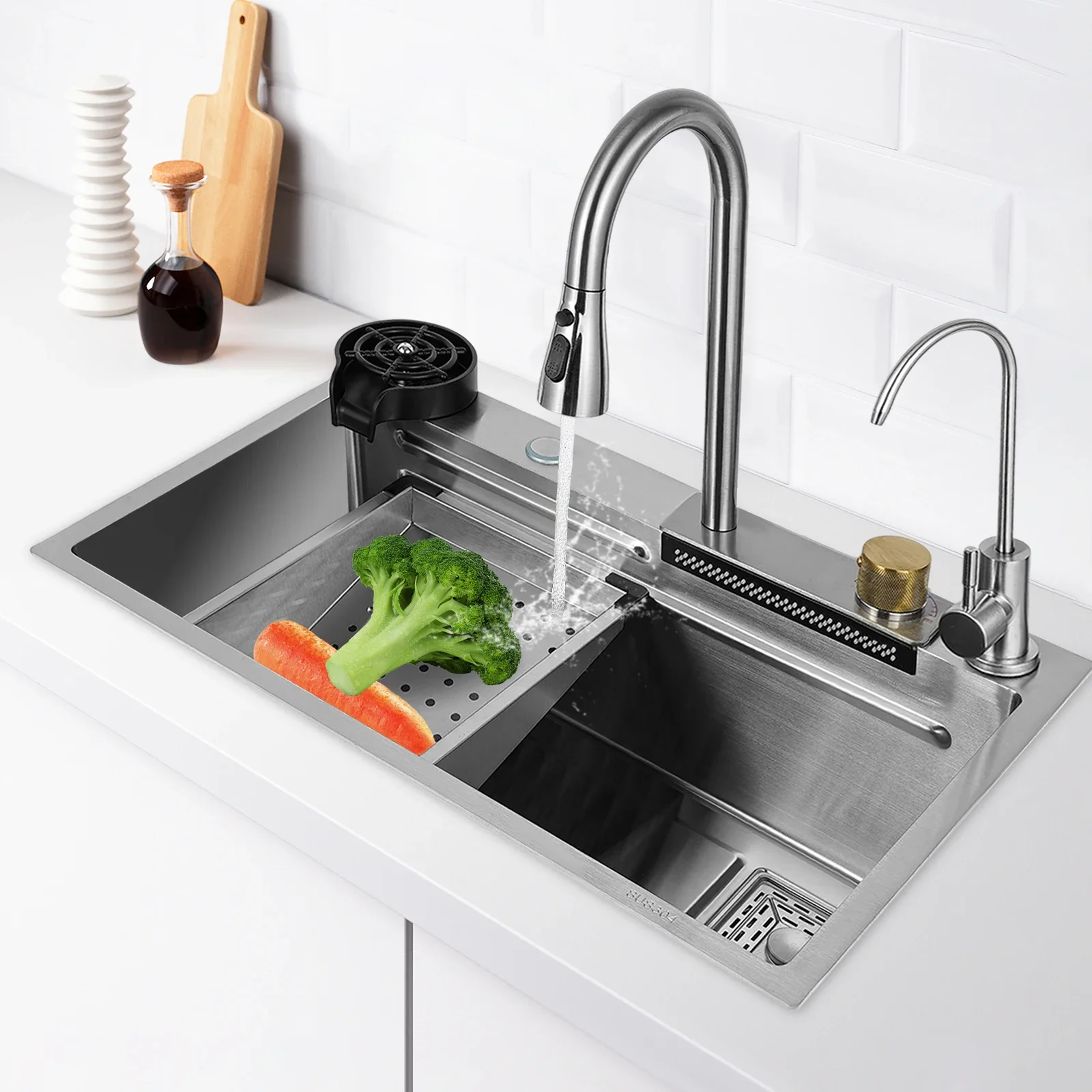 304 Stainless Steel Kitchen Sink Rectangular Countertop Sink Set 4 Water Outlet Modes with Faucets Filters Silver