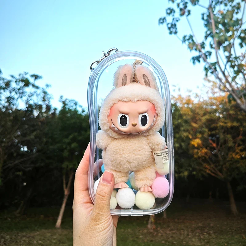 Przezroczysta torba zewnętrzna na 18cm pluszowe lalki z kreskówek zabawki przezroczyste Mini etui Kawaii na brelok do kluczy lalki Anime futerał do przechowywania figurek