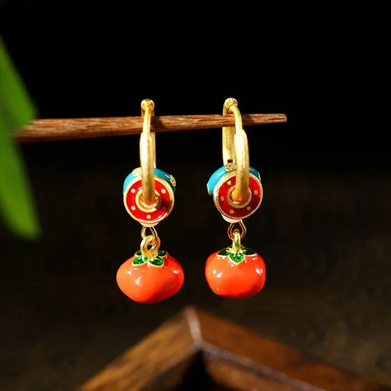 

Red Real Jade Tomato Earrings Gifts Stone Women Carved 18K Gold Plated Energy Designer Natural Jewelry Gemstone Talismans